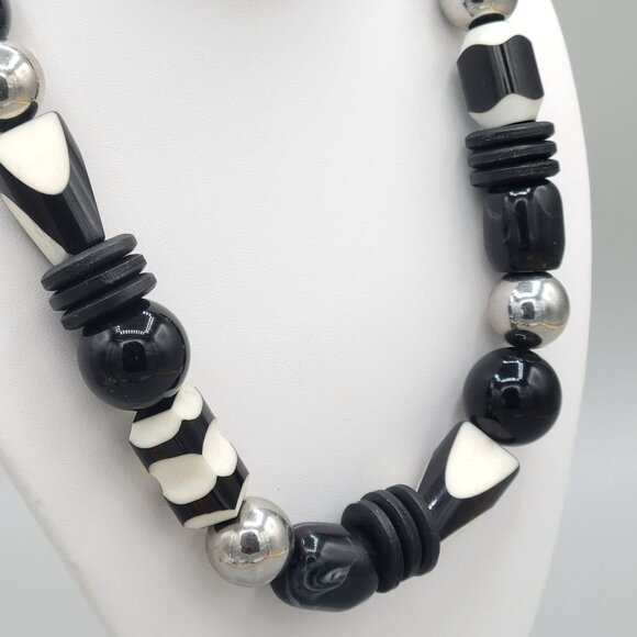 Black and White Large Bead Boho Necklace Black Cord Silver Ball Spacers - Picture 4 of 7